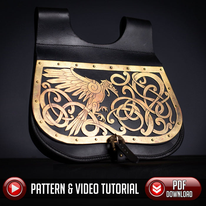 Medieval Pouch Pattern - Viking Raven and Knotwork - PDF SVG Laser - Dark Horse Workshop