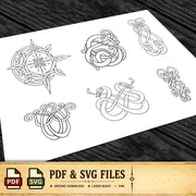 a collection of intricate black and white designs, including various patterns and shapes, such as swirls, spirals, and geometric forms. The designs appear to be inspired by Viking or Nordic culture, with elements like crosses and symbols commonly associated with this heritage. The image is presented in a digital format, with options for viewing, downloading, and editing the files.