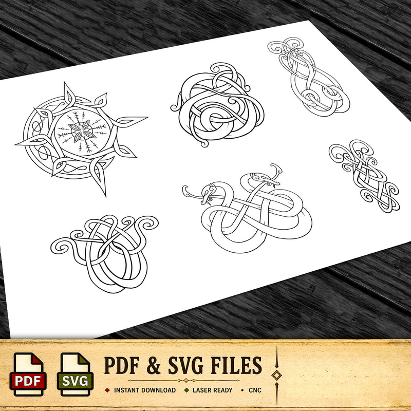 a collection of intricate black and white designs, including various patterns and shapes, such as swirls, spirals, and geometric forms. The designs appear to be inspired by Viking or Nordic culture, with elements like crosses and symbols commonly associated with this heritage. The image is presented in a digital format, with options for viewing, downloading, and editing the files.