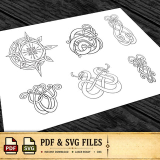 a collection of intricate black and white designs, including various patterns and shapes, such as swirls, spirals, and geometric forms. The designs appear to be inspired by Viking or Nordic culture, with elements like crosses and symbols commonly associated with this heritage. The image is presented in a digital format, with options for viewing, downloading, and editing the files.