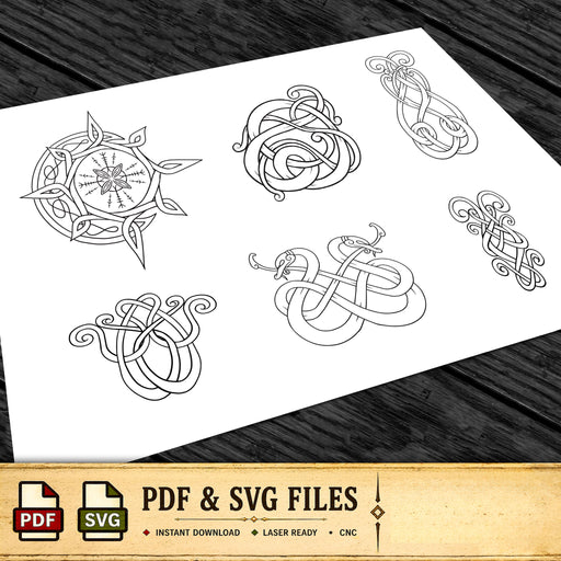 a collection of intricate black and white designs, including various patterns and shapes, such as swirls, spirals, and geometric forms. The designs appear to be inspired by Viking or Nordic culture, with elements like crosses and symbols commonly associated with this heritage. The image is presented in a digital format, with options for viewing, downloading, and editing the files.