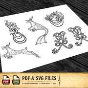 a collection of stylized, abstract designs in black and white, including a deer, a fish, and various other shapes and patterns.