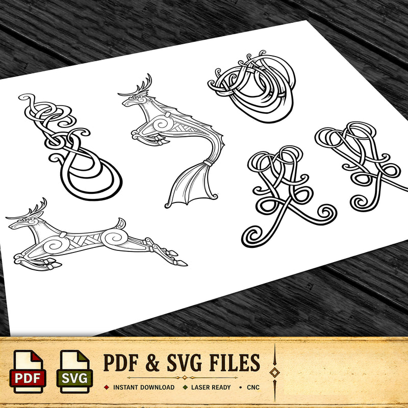 a collection of stylized, abstract designs in black and white, including a deer, a fish, and various other shapes and patterns.