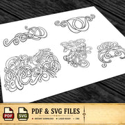 a collection of intricate, abstract designs in black and white, including swirling patterns, organic shapes, and swirling lines. The designs appear to be inspired by Celtic or Nordic art, with a focus on swirling, curving lines and organic forms. The image is presented in a digital format, with options for viewing the designs in various file formats, such as PDF and SVG.