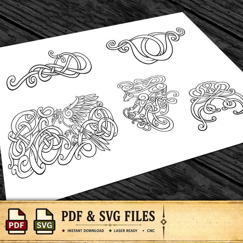a collection of intricate, abstract designs in black and white, including swirling patterns, organic shapes, and swirling lines. The designs appear to be inspired by Celtic or Nordic art, with a focus on swirling, curving lines and organic forms. The image is presented in a digital format, with options for viewing the designs in various file formats, such as PDF and SVG.