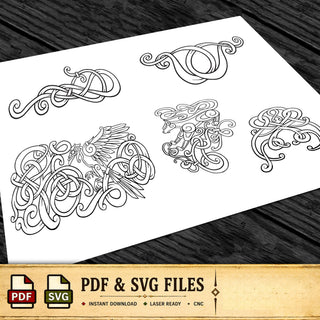 a collection of intricate, abstract designs in black and white, including swirling patterns, organic shapes, and swirling lines. The designs appear to be inspired by Celtic or Nordic art, with a focus on swirling, curving lines and organic forms. The image is presented in a digital format, with options for viewing the designs in various file formats, such as PDF and SVG.