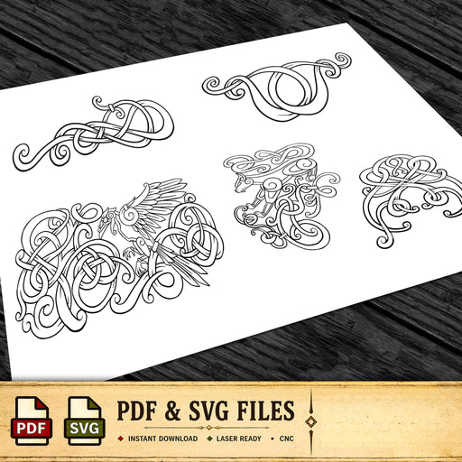 a collection of intricate, abstract designs in black and white, including swirling patterns, organic shapes, and swirling lines. The designs appear to be inspired by Celtic or Nordic art, with a focus on swirling, curving lines and organic forms. The image is presented in a digital format, with options for viewing the designs in various file formats, such as PDF and SVG.