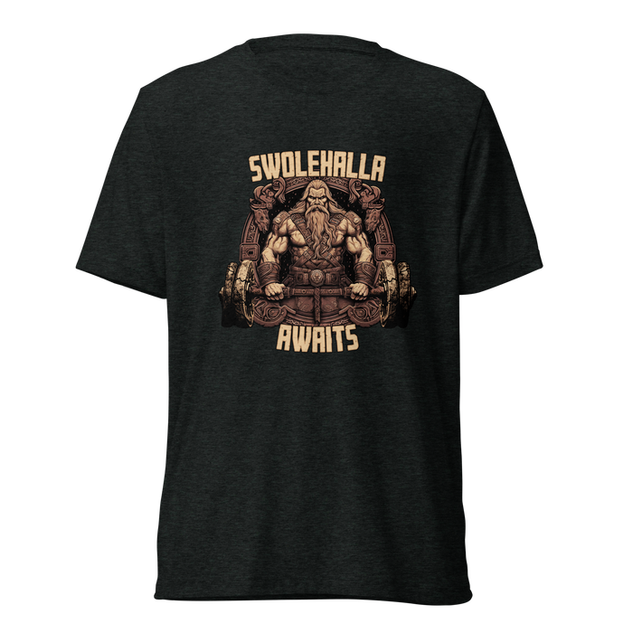 Swolehalla Awaits - Viking Bodybuilding Fitness Tri-Blend Shirt | Dark Horse Workshop